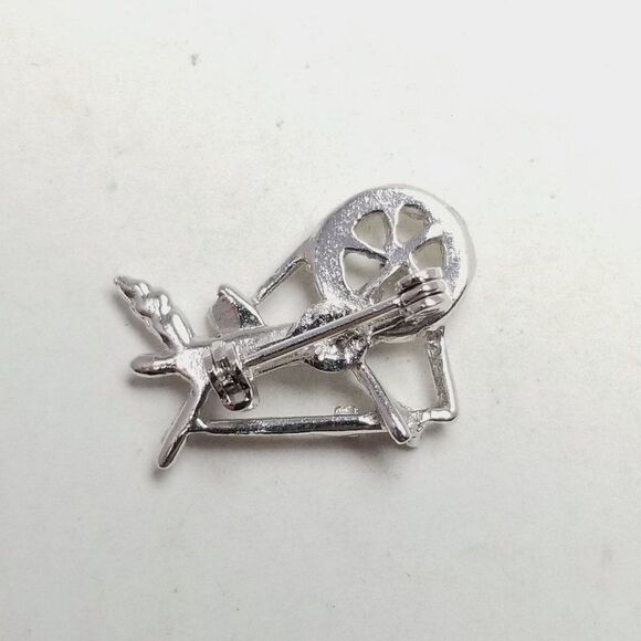 Vintage Tiny Spinning Wheel Rhinestone Brooch Knitting Yarn Crafting Lapel Pin - Picture 3 of 6